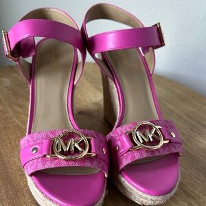 Michael Kors Fuchsia Pink Wedge Sandals with Gold MK Emblems